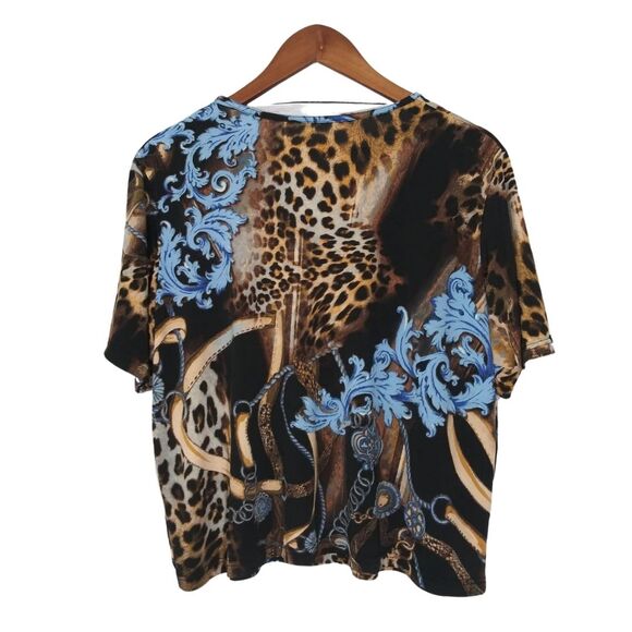 Vintage Animal Print Floral Beaded Damask Short Sleeve Plus Size Blouse Y2K 1X - Picture 2 of 7